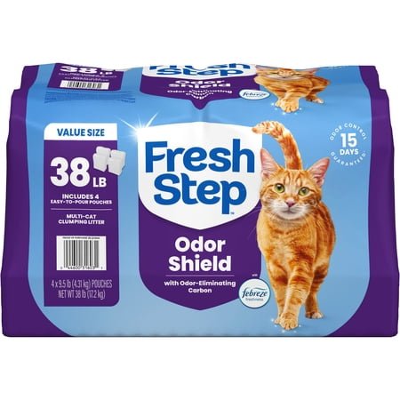 Fresh Step Odor Shield Multi-Cat Clumping Cat Litter, Febreze Freshness Scent, 38 lb, Easy Pour Pouches (4 Pack)