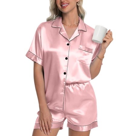 DAKIMOE Womens Silky Satin Pajama Set Short Sleeve Shirt with Shorts 2 Piece Pjs Sets Soft Silk Sleepwear Nightwear Button-Down Loungewear S-XL, Pink, L