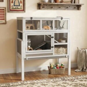 PETSCOSSET 3-Tier Wooden Hamster Cage with Stand, Large Guinea Pig Cage & Rabbit Hutch Habitat with Pull-Out Tray