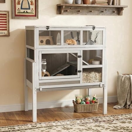 PETSCOSSET 3-Tier Wooden Hamster Cage with Stand, Large Guinea Pig Cage & Rabbit Hutch Habitat with Pull-Out Tray