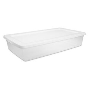Sterilite 41 Quart Medium Storage Bin, Clear Plastic Underbed Storage Container with Snap-On Lid, White