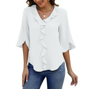 UVN Chiffon Blouses for Women Dressy Ruffle V Neck Tops Summer Casual 3/4 Sleeve Shirts