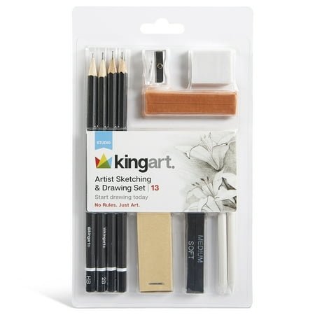KINGART 13-Piece Sketching and Drawing Kit with Pencils, Charcoal and Blending Tools