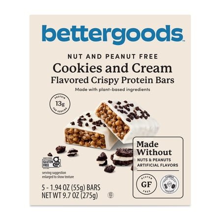 bettergoods Cookies and Cream Flavored Crispy Protein Bars, 9.7 oz, 5 Count