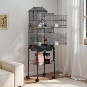 Uforic 62" Large Metal Bird cage with Rolling Stand, Slide-Out Tray,3 Perches and 4 Feeders, Black