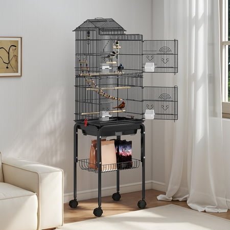Uforic 62" Large Metal Bird cage with Rolling Stand, Slide-Out Tray,3 Perches and 4 Feeders, Black