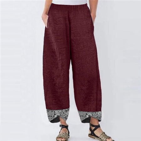 UTTOASFAY Woman Pants Women Casual Pants Cotton Linen Print Irregular Elastic Waist Loose Wide Leg Pants Wine M