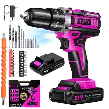 Hoey 21V Cordless Power Drill Set, 3/8 Inch Keyless Metal Chuck, 25+3 Clutch, Built-in LED Work Light, 34-Piece Accessory Kit