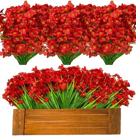 Viworld Artificial Spring Flowers Outdoor, 20 Bundles Yellow Fake Flowers UV Resistant No Fade Plastic Faux Plants Flowers for Outside Garden Porch Window Boxes Hanging Planter Decoration (Red)