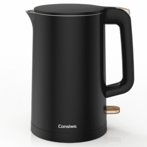 Consiwa Electric Kettle, Double Wall 1.7L Stainless Steel Cool Touch, Water Boiler & Heater, 1500W Hot Tea Pot, Black