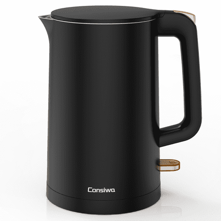 Consiwa Electric Kettle, Double Wall 1.7L Stainless Steel Cool Touch, Water Boiler & Heater, 1500W Hot Tea Pot, Black