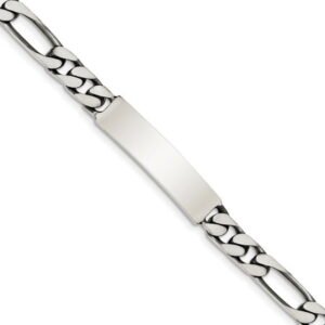 Sterling Silver 8 Inch Antiqued Figaro ID Bracelet - 25.2 Grams - Lobster Claw - Measures 8mm Wide