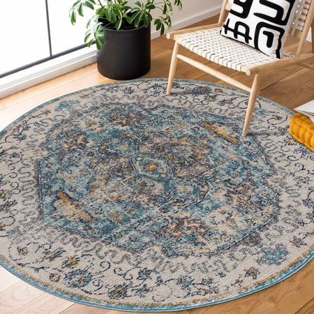 Hauteloom Tigris Living Room, Bedroom Area Rug - Traditional - Blue, Ivory, Aqua - 5'3" Round
