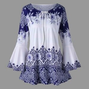SHOPESSA Womens Plus Size Tops Fashion Adjustable Neckline Printed Flare Sleeve Tops Long Sleeve Blouses Keyhole T-Shirts