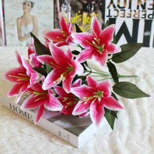 FAMTKT 10 Heads Artificial Fake Silk Lilies Flower Bridal Bouquet Wedding Party Decor