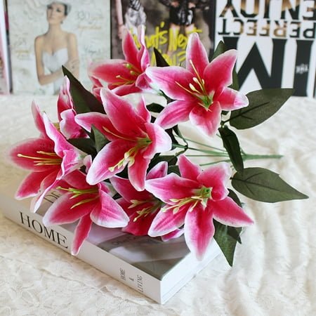 FAMTKT 10 Heads Artificial Fake Silk Lilies Flower Bridal Bouquet Wedding Party Decor