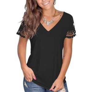 PATLOLLAV Summer Tops,Ladies Womens Tshirts V Neck Lace Trim Short Sleeve Tops Fashion Casual Tees