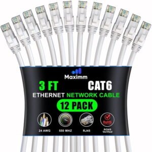 Maximm Cat 6 Ethernet Cable 3 Ft, (12-Pack) Cat6 Cable, LAN Cable, Internet Cable, Patch Cable and Network Cable - UTP (White) 3 Feet ethernet Cord