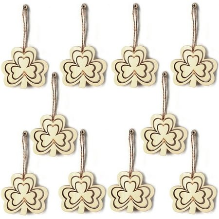 Herrnalise Wooden Shamrock St.Patrick's Day Ornaments,10 Pcs Unfinished Hollow Out Shamrock Decorations,DIY Wooden Clover Ornaments with Ropes for DIY Crafts Irish Lucky Day Party