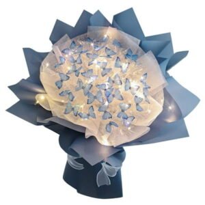 Anuirheih 52Pcs Butterflies Flower Bouquet Gift Set with LED Light Gifts for Valentine's Day, Birthday, Anniversary, Handmade(Blue)