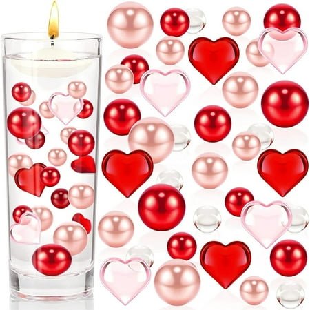 Dengmore Valentine's Day Vase Fillers with Pearls Bead Floating Valentine's Candles Valentines Vase Filler Decorations Water Gel Jelly Beads Balls Table Party Valentines Wedding Decor