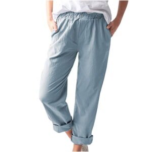 QLEICOM Womens Slacks Women's Wrinkle Free Relaxed Fit Straight Leg Pants Solid Pockets Elastic Waist Comfortable Straight Pants Work Cargo Casual Pants Wide Leg Pants Relaxed Fit Trousers Blue M