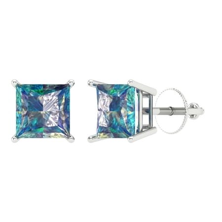 3 ct Screw-Back Stud Earrings for Women | 6.5mm Princess Cut Blue Moissanite | 18K White Gold