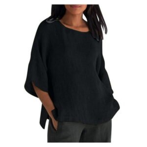 Pntutb Womens Summer Tops Cropped Sleeve Round Neck Cotton Line Loose Shirt Blouse