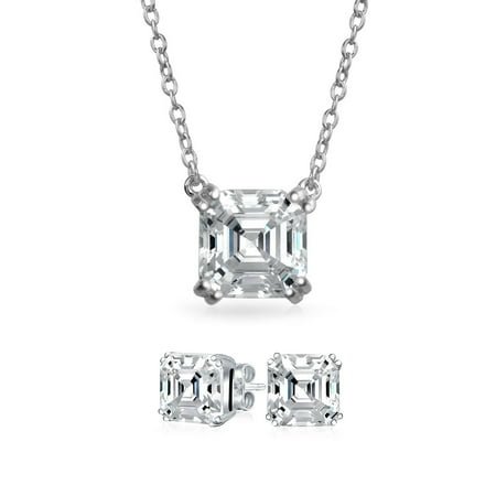 Bling Jewelry Womens 2CT Square Asscher Cut CZ Solitaire Pendant Necklace & Stud Earrings Set Silver