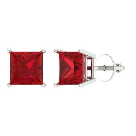 2 ct Screw-Back Stud Earrings for Women | 5.5mm Princess Cut Simulated Pink Tourmaline | 18K White Gold