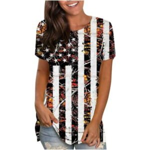 Onlywo Blouses for Women Plus Size, Women's Casual Short Sleeve T Shirt Independence Day Flag Print Round Neck Pullover Loose Comfy Blouse Tops