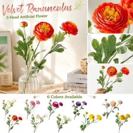 Faux Flowers, Artificial Flowers Indoor, Decorations for Home, Flower Decor, White 3-Head Flocked Ranunculus Silk Floral Stems, Lifelike Soft Petal Texture, Naturally Frosted