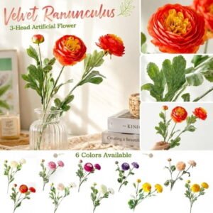 Artificial Flowers, Silk Flowers for Home Decor Indoor, 3-Head Yellow Faux Ranunculus Floral Stems, Faux Flowers for Decoration, Floral Decor for Indoor Spaces, Soft Flocked Hobby