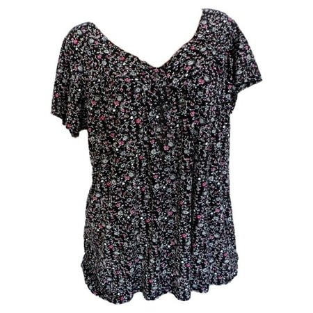 USSUMA T-Shirts for Women Trendy,Women's Floral Printed Plus Size Summet Blouses Ruffle Short Sleeve V Neck T-Shirt Casual Flowy Tunic Tops