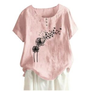 USSUMA Womens Tops Dressy Casual Summer,Women Summer Cotton Linen Tshirt Tops Trendy Dandelion Print Casual Loose Tunic Tee Plus Size Crewneck Blouse