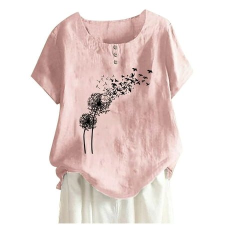 USSUMA Womens Tops Dressy Casual Summer,Women Summer Cotton Linen Tshirt Tops Trendy Dandelion Print Casual Loose Tunic Tee Plus Size Crewneck Blouse