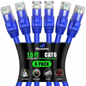 Maximm Cat 6 Ethernet Cable 1.5 ft (6-Pack) - High-Speed LAN Cable, Internet Cable, Patch Cable, and Network Cable - UTP, 10Gbps, 550MHz Ethernet Cord - Blue
