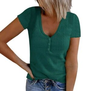 USSUMA Womens Plus Tops and T-Shirts - Ribbed Tops for Women V Neck Short Sleeve Summer T Shirt Tops Ribbed Button Down Casual Tunic Tops Slim Tshirt Blouses 2022 Beach