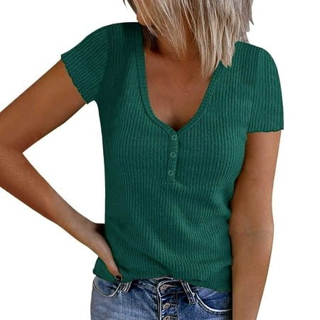 USSUMA Womens Plus Tops and T-Shirts - Ribbed Tops for Women V Neck Short Sleeve Summer T Shirt Tops Ribbed Button Down Casual Tunic Tops Slim Tshirt Blouses 2022 Beach