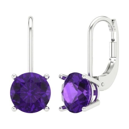 3 ct Lever-Back Drop Dangle Earrings for Women | 7.5mm Round Cut Natural Amethyst | 18K White Gold