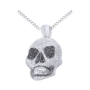 AFFY Simulated Black & White Cubic Zirconia Men's Hip Hop Skull Pendant In 14k White Gold Over Sterling Silver