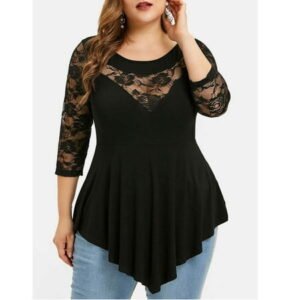 Women's Plus Size Tunic Blouse Top Asymmetrical Casual Trendy Loose Floral Lace Asymmetric Swing Tunic T Shirt