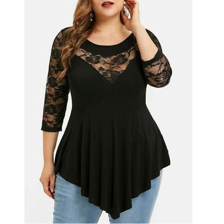 Women's Plus Size Tunic Blouse Top Asymmetrical Casual Trendy Loose Floral Lace Asymmetric Swing Tunic T Shirt