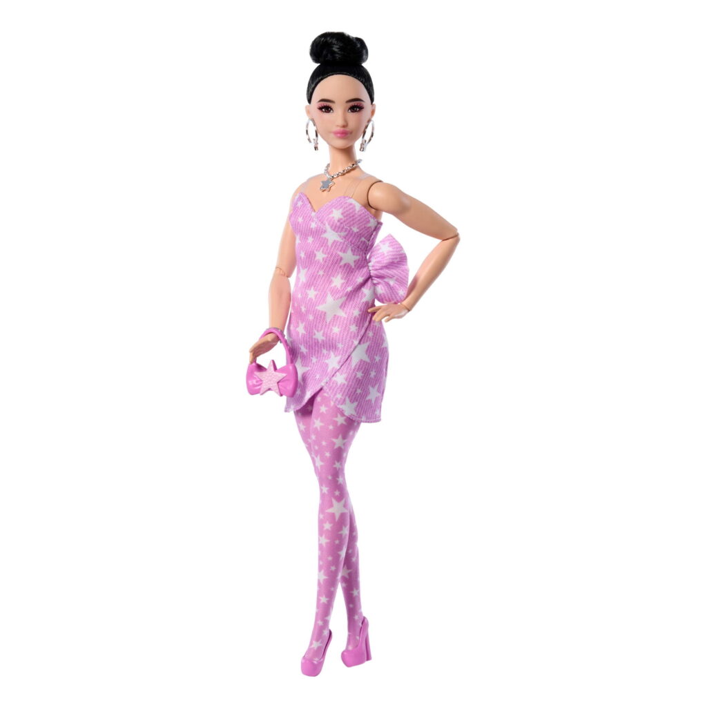 Barbie Deluxe Style Fashion Doll #11 in Pink Denim Star-Print Dress, Black Hair in Bun