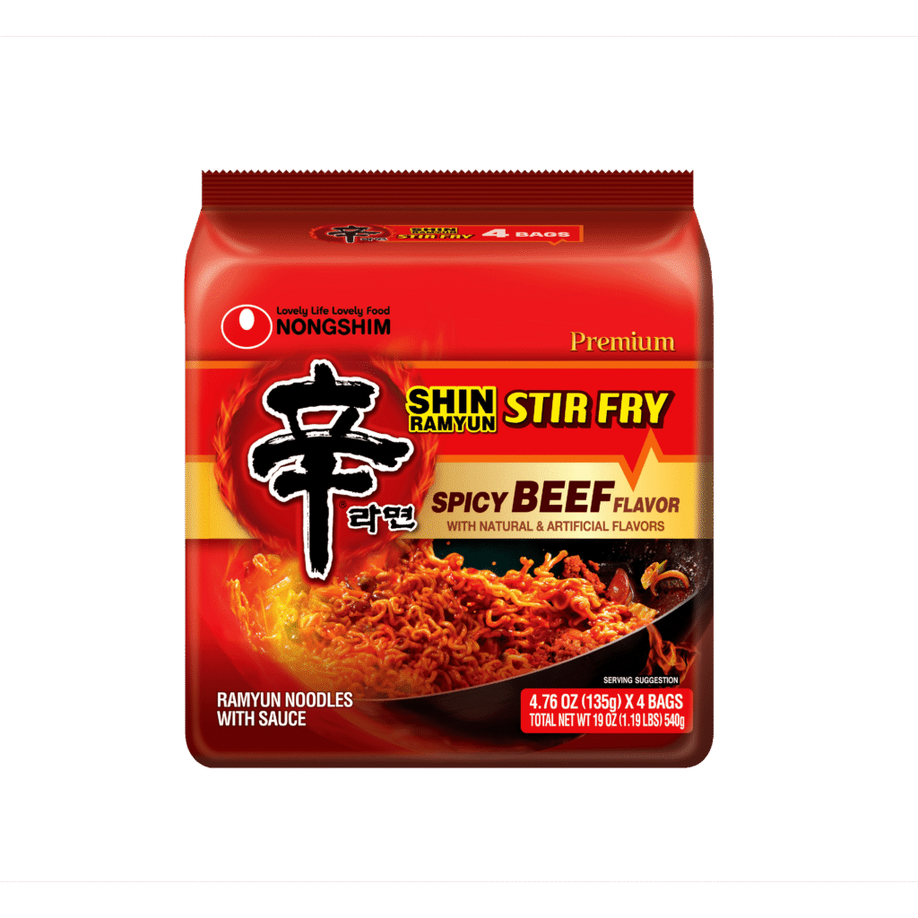 Nongshim Shin Stir Fry Spicy Beef Ramen Noodle Pack, 4.65oz x 4 Count, Shelf-Stable
