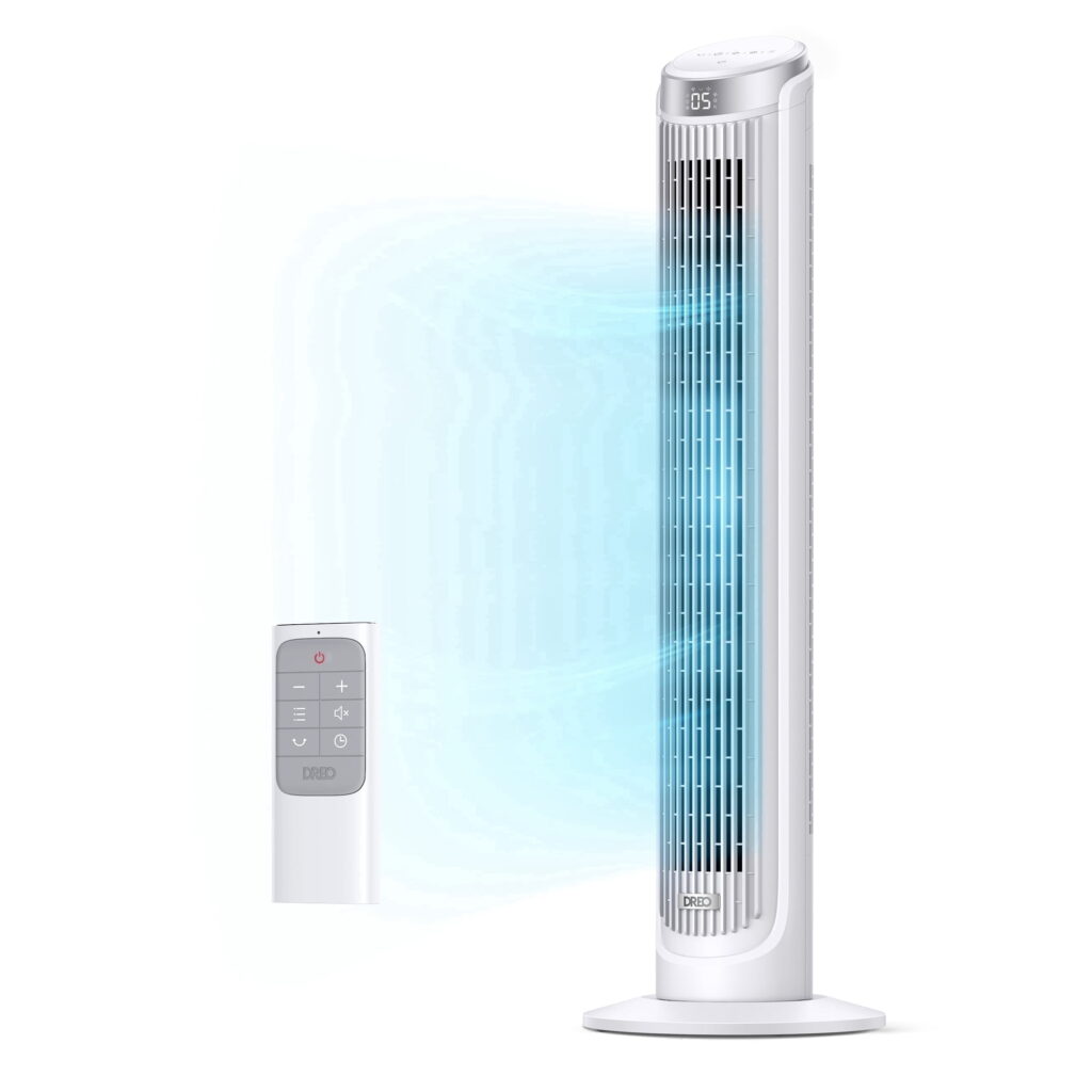 DREO Tower Fan for Home 40 inch, 90° Oscillating Bladeless Fan with Remote, 5 Speeds, 4 Modes, 12H Timer, LED Display with Touch Control, Quiet Floor Fan for Bedroom, White