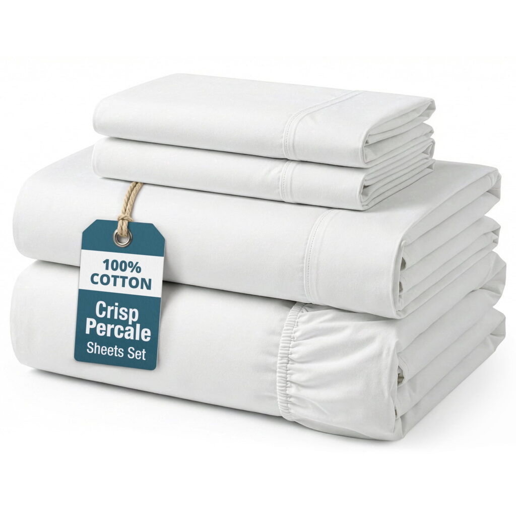 Casa Platino 100 Cotton Sheets Set - 4 Piece Long Staple Cotton Queen Sheets, Crisp & Cool Percale Weave, Every Day Comfort, 15" Deep Pocket Fitted, Machine Washable - White