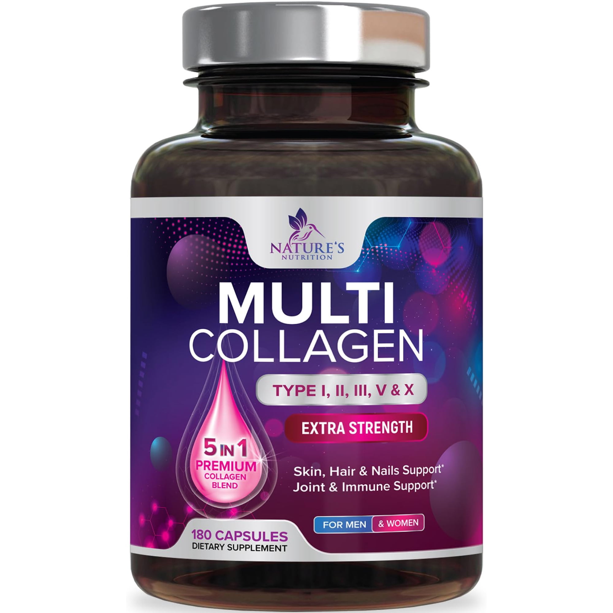 Multi Collagen Pills 2400mg - Best Hydrolyzed Collagen Peptides Capsules for Women & Men - Type I, II, III, V, X Collagen Complex - Hair, Skin, Nails Support Supplement - Bottled in USA, 180 Capsules