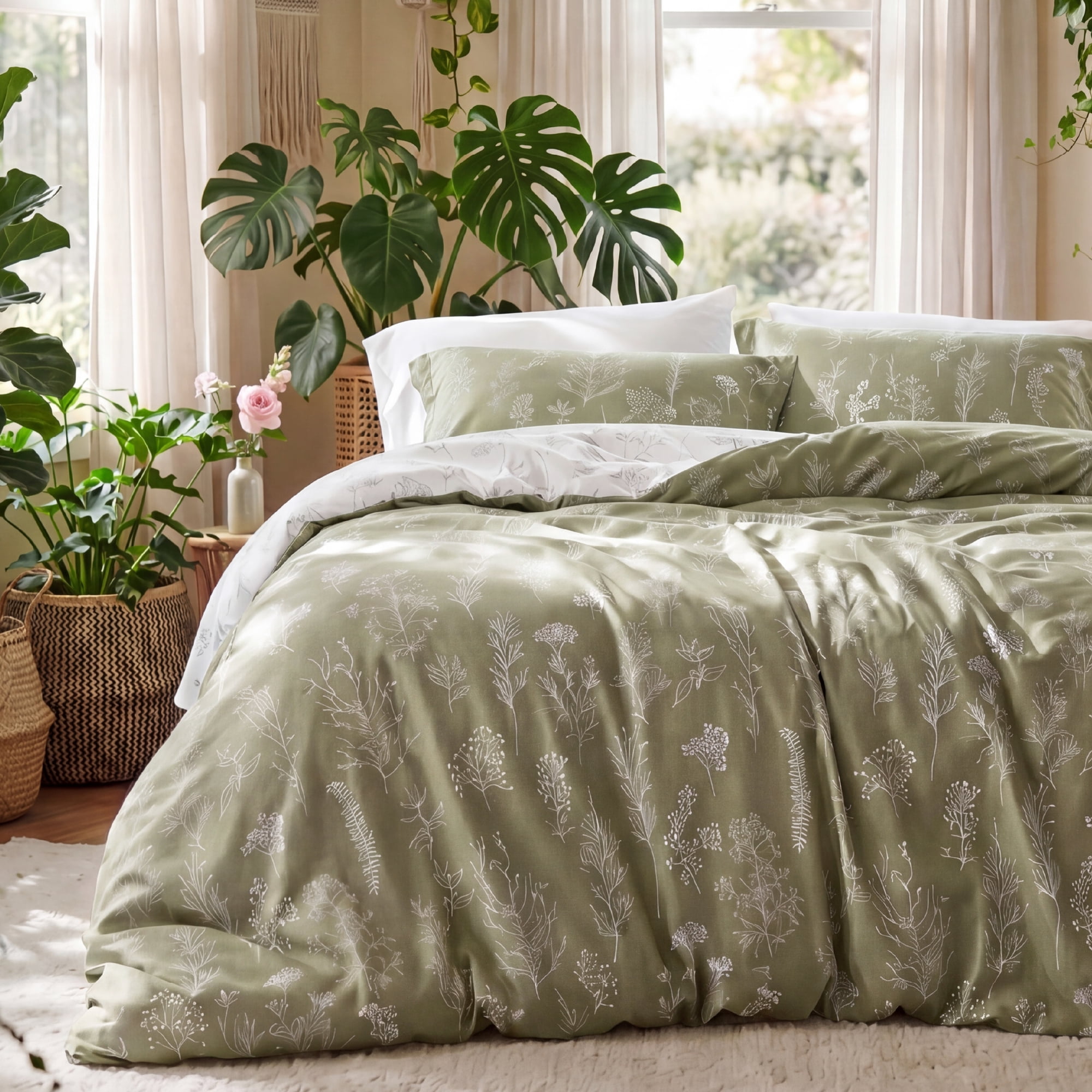 U by Bedsure Comforter Sets Twin, Dorm Essentials Bedding Set, Olive Green College Bedding Set Twin Size, 2 Pieces Cute Soft Floral Bedding