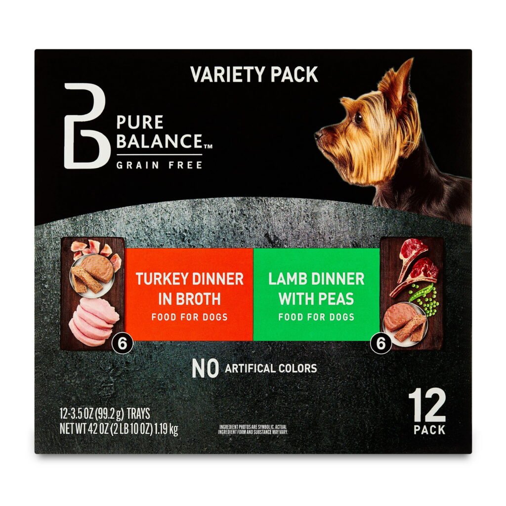 Pure Balance Grain-Free Wet Dog Food Variety Pack, Turkey and Lamb, 3.5 oz Trays, 12 Count